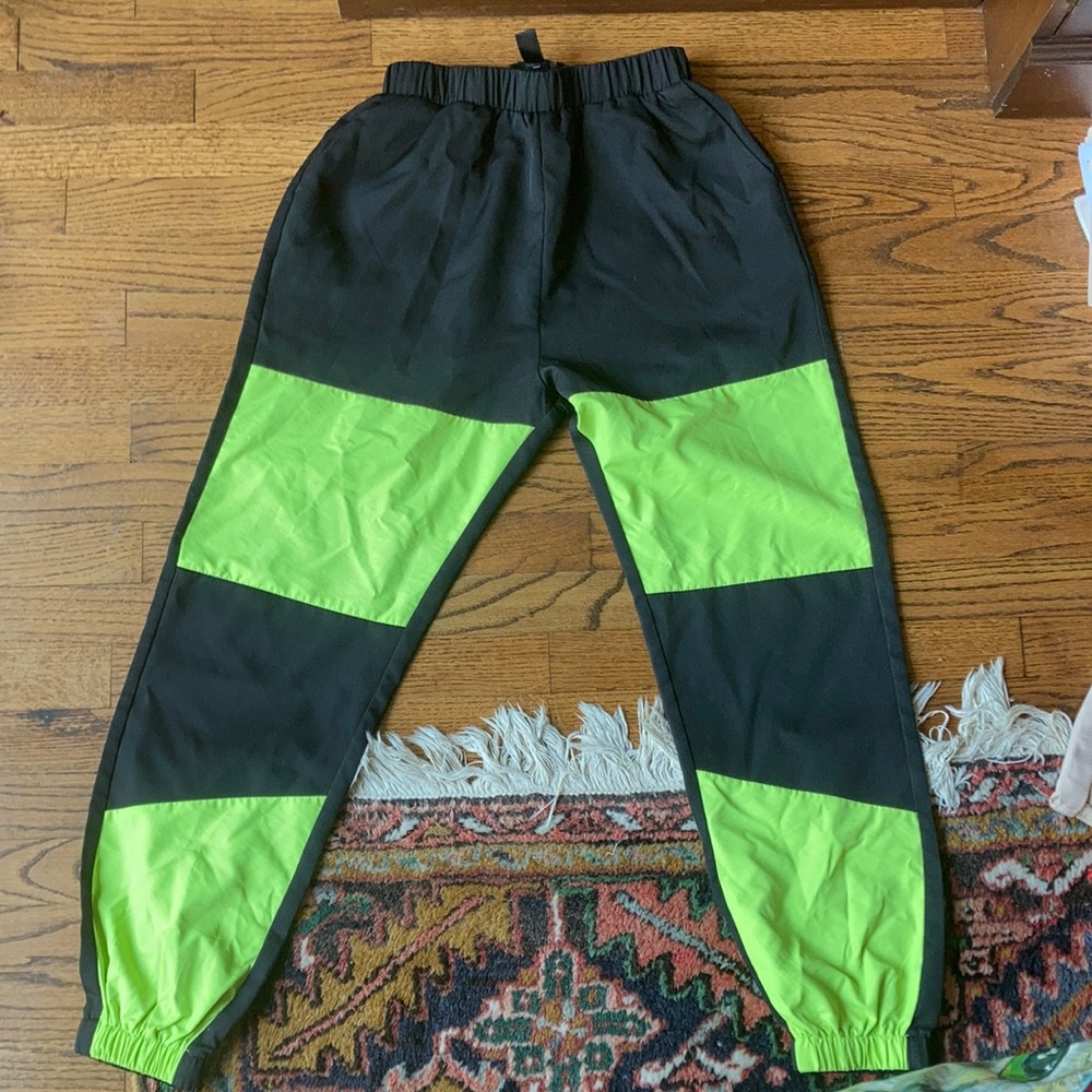 Shein joggers with neon green stripes